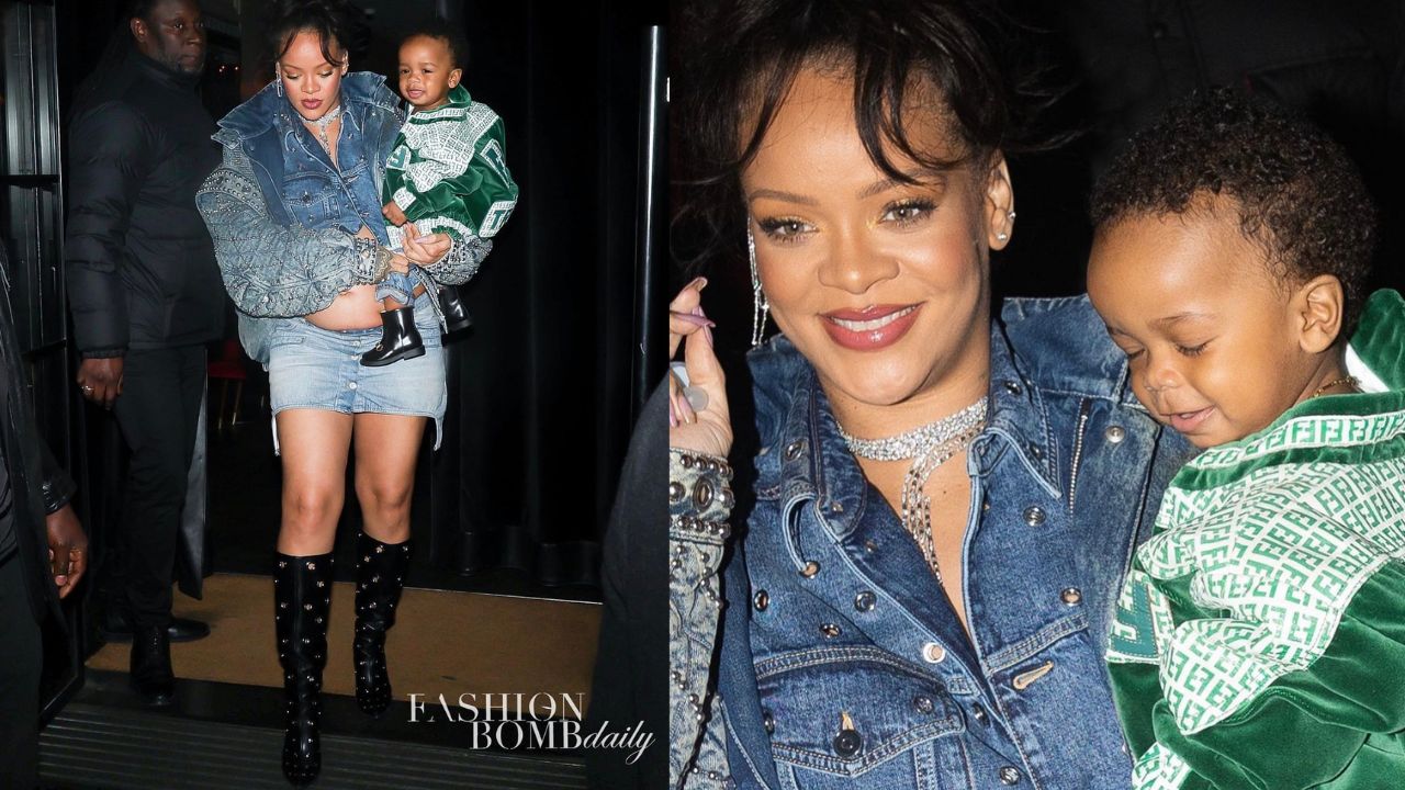 Rihanna and Son Noticed in Paris in a Gucci Demin Jacket, Courreges Denim Skirt, and Dapper Dan X Fendi Young ones Jacket with Gucci Ankle Boots